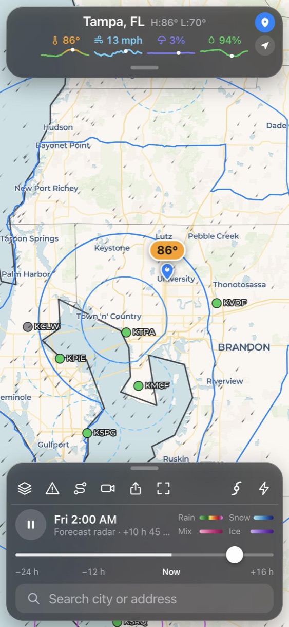 Tampa Class B airspace rings and Class D airports on the map
