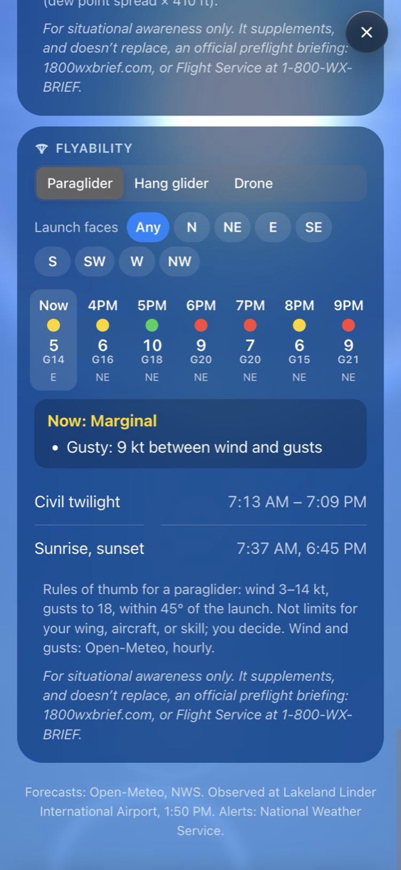 Flyability card for a paraglider: hourly green, yellow and red columns with wind and gusts, a marginal reason, civil twilight and sunrise